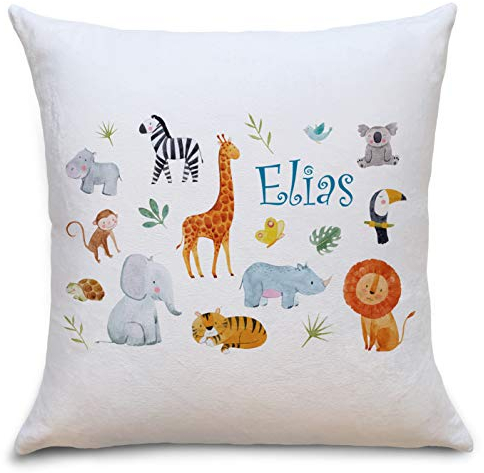 OWLBOOK® Safari Tiere Kissen | Personalisierte Geschenke Konfirmation Jugendweihe Kommunion Firmung Einschulung Geburt Baby Kind | Geburtstagsgeschenke Ostergeschenke für Kinder | Polster m.Füllung