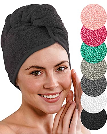 LAYNENBURG Premium Haarturban mit Knopf aus 100% Baumwolle - Haar-Handtuch inkl. 4 Haargummis - für Kurze und Lange Haare – Turban Handtuch ist schnelltrocknend und saugstark (schwarz)
