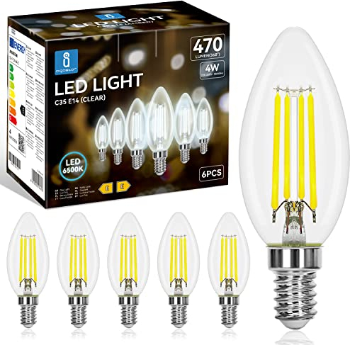 Aigostar Bombilla LED E14 Vela Edison, 4W Equivalente a 40W, Blanco Fria 6500K, 470 Lúmenes, Bombilla LED Vintage Decorativa C35 de Filamento, No Regulable, Cristal Transparente, Pack 6