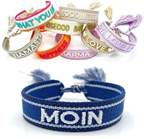 LS-LebenStil Exklusives Statement Armband - das Original - Moin Blau Weiß 16-20cm Quasten besticktes Boho Canvas Webarmband Damen Freundschaftsarmband Geschenk gewebt textil Stoffarmband