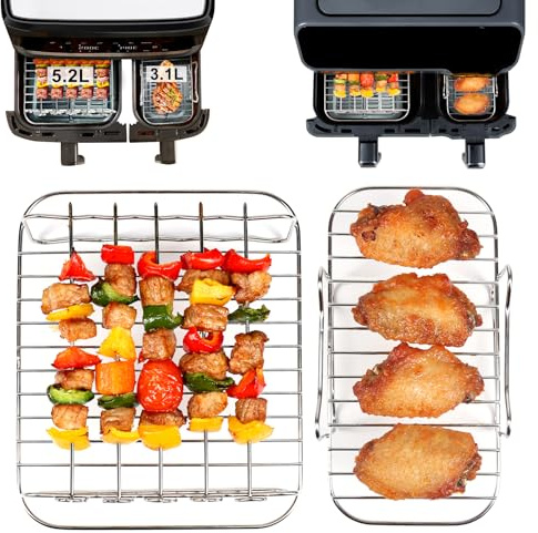GINOYA Air Fryer Rack für Tefal EY9018 Dual Easy Fry 5,2/3,1 L, Cecotec 5,5/3,5 L Körbe, Moulinex 8,3 L, DMS 6L/4L, 304 Edelstahl Airfryer Zubehör Doppelkammer Heißluftfritteuse Dual