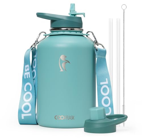 Coolflask 1.9 L Insulated Water Bottle with Strap, Stainless Steel Vacuum Flask with Straw & Spout Lids Leakproof for Sports, Travel, Gym, 48H Cold & 24H Hot, BPA Free, Agate Green
