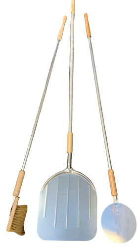 Generic Pale per pizza per forno a legna rettangolare in alluminio 32x34 cm spazzola tonda piccola 3 pz manico in alluminio terminale in legno di faggio