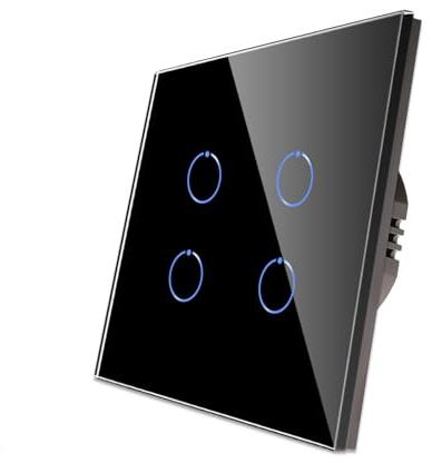 CNBINGO Touch Light Switch with Black Glass Wall Plate, LED Backlight | 4-Gang 1-Way, No Neutral Wire Required, AC 230V 500W