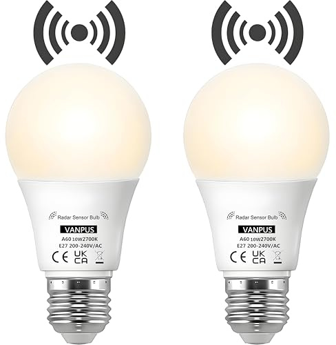 Vanpus Motion Sensor Light Bulb, E27 LED Light Bulb, Auto On/Off Radar Sensing Bulb,10W Warm White (2700k),Dusk to Dawn Light Bulbs, Garages, Corridors, Courtyards, etc (2 Pack)