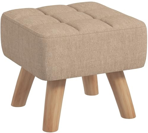 HOMCOM Modern Tufted Footstool, Fabric Foot Stool with Rubber Wood Legs, Padded Seat, for Living Room, Bedroom, Entryway, Light Brown