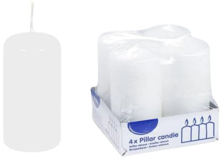 DeinPack Lot de 4 bougies piliers blanches - Diamètre : 5 cm - Hauteur : 10 cm - Durée de combustion : environ 15 heures - Bougie pilier de qualité supérieure - Idéale pour la restauration, les hôtels
