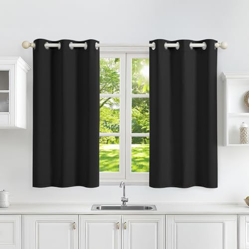 Runyéla Cortina térmica de oscurecimiento, aislante térmico, anti-calor, 90 x 120 cm (ancho x alto), juego de 2 paneles de ventana opacos, negro, con ojales, anti-frío, protección UV, insonorización