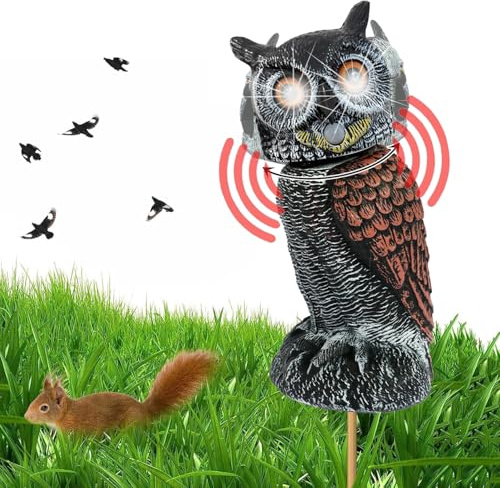 Vogelabwehr Eule Beweglich, Eulen Attrappe mit Geräusch, Solar Deko Eule für Außen Garten Vogelschreck Vogelscheuche Taubenschreck mit Bewegungsmelder, Wackelkopf, Leuchtenden Augen (Solar Powered)