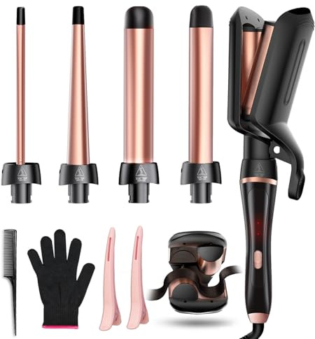5 in 1 Curling Iron, Curling Wand Set with Hair Crimper Waver and 4 Interchangeable Ceramic Barrels (0.5'-1.8'), Fast Heating Dual Voltage Hair Curler Gifts for Women All Hair Types and Travel Use