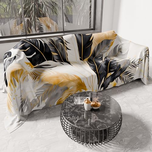 PETTI ARTIGIANI ITALIANI – Cubresofá Multiuso de Microfibra 500x270 cm, Diseño Palma Negro | Funda para Sofá Antimanchas, Colcha y Cubremesa | Protector Lavable para Sofás y Muebles