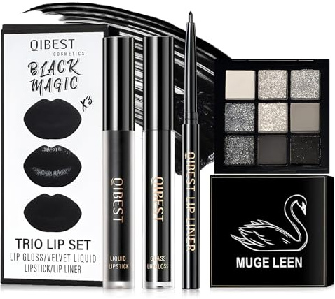 4 Pezzi Set Trucco Gotico, Palette Ombretti Nero Smokey 9 Colori, Nero Opaco Rossetto Liquido, Matita Labbra, Impermeabile e a Lunga, per Halloween Carnevale