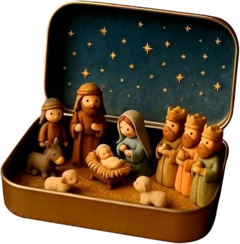Mini Christmas Nativity Set in a Tin Box, 3D Resin Mini Religious Holy Family Jesus Figurines Ornaments, Portable Pocket Nativity Scene Decorative Set, Religious Ornament for Home Desk (A)