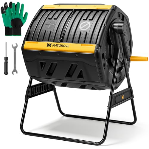 MAYGROVE compostador 200L de 2 Compartimentos compostador Giratorio 360° Grande contenedor de Compost Exterior para jardín con Puertas correderas Estructura de Acero Resistente para Compost rápido