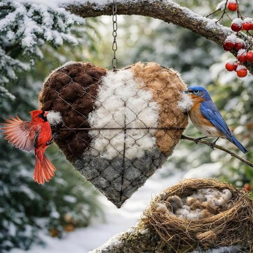 Nichalous Handmade Alpaca Fiber Bird Nesting Heart, Refillable Nesting Materials, Heart-Shaped Hanging Bird Nest Holder for Hummingbirds & Wild Birds, Outdoor Garden Tree Decor Gift