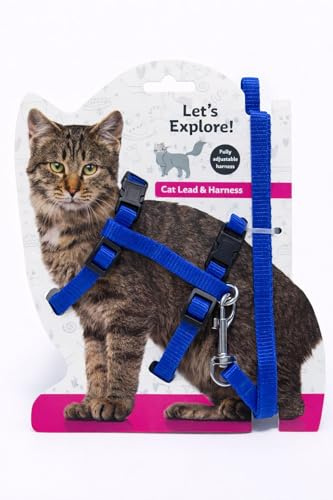 Pet Guru Kattkoppel och sele-set, nylon, helt justerbar, säkra spännklämmor, en storlek passar de flesta, för utomhuspromenader (blå)