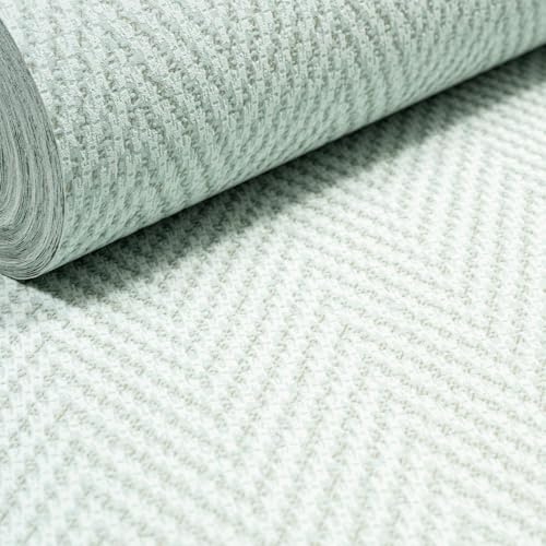 SOPHIE LAURENCE Green Geometric Textured Herringbone Chevron Wallpaper Woven Textile Effect Free Match Paste The Wall Non-Woven Vinyl 10m x 0.53m Full Roll Hall Way Feature Bedroom Vinyl
