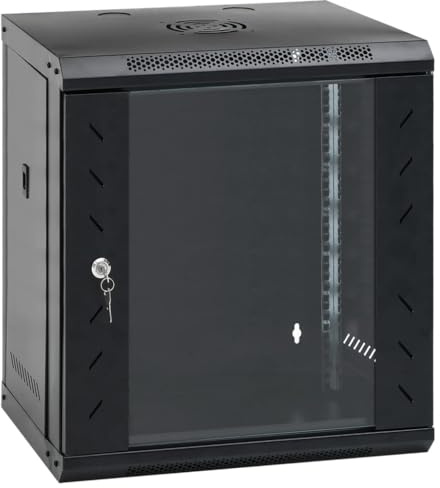 QUAHEAS 12U vägg-nätverksskåp 19 tums IP20 av kallvalsat stål med låsbar glasdörr 53 x 40 x 60 cm för hemnätverk kontor hemkontor lagring och säkerhetskopiering av data