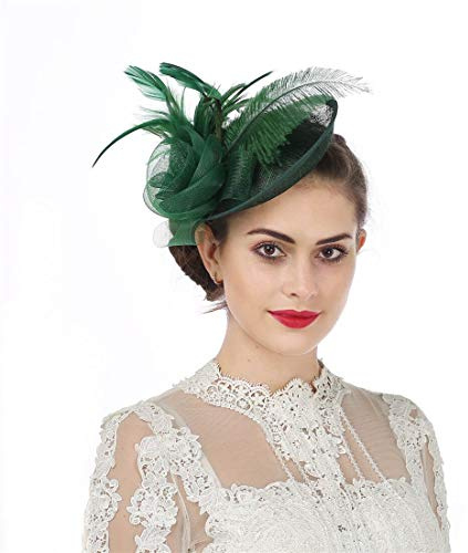 Women Elegant Fascinator Hat Bridal Feather Pillow Sinamay Hair Clip Accessories Cocktail Wedding Royal Ascot Party, M, A4-green Sinamay