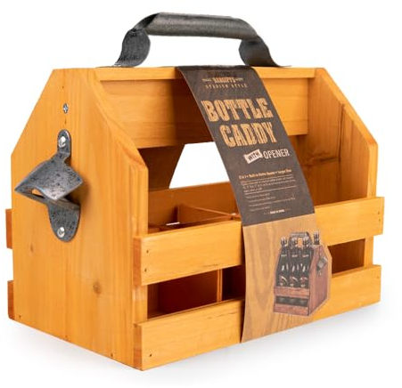 Mealivos Wooden Bottle Caddy, 6-Pack Beer Carrier with Built-In Metal Bottle Opener, Beer Buckets for 6 Beers