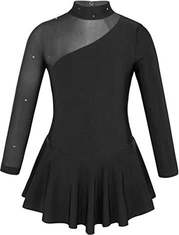 TiaoBug Abito da Pattinaggio Artistico sul Ghiaccio per Ragazze Bambine Concorso Gara di Pattinaggio di Figura Vestito da Balletto Pattinatrice a Maniche Lunghe 4-14 Anni Nero A 12 Anni