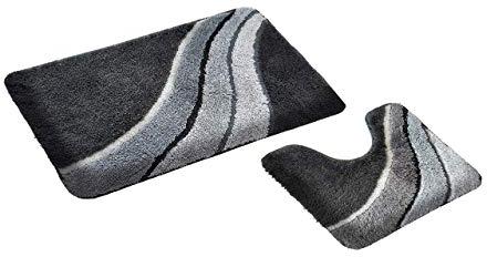 GOODWAY 2 Teiliges Badematten Set, Badteppich, Badvorleger Kiel, grau mit Ausschnitt │ rutschfest, Waschmaschinenfest, für Fußbodenheizung geeignet