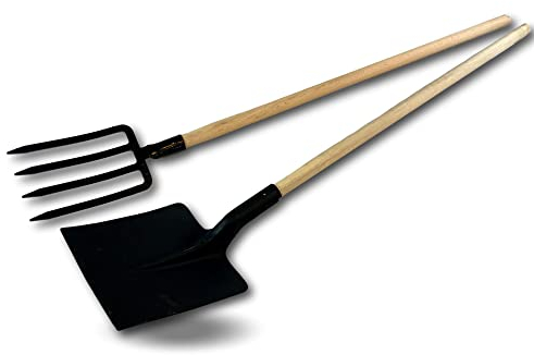 Ensemble fourche bêche 4 dents larges + pelle carrée | Manche en bois | Tête en acier noir | Retourner, aérer la terre | Creuser, trancher, racler | Outils de jardinage | Kibros PLCFCHLKIT