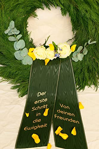 Trauerschleife Grabschleife Kranzschleife bedruckt nach Wunsch (125 mm für Urnenkranz oder Gesteck, dunkelgrün)