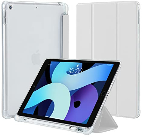 4UBonLife Custodia per iPad 9a/8a/7a Generazione 10,2 Pollici 2021/2020/2019 con Portapenne, Sottile Leggero Cover Case Retro Traslucido in Morbido TPU Auto Svegliati/Sonno, Grigio Chiaro