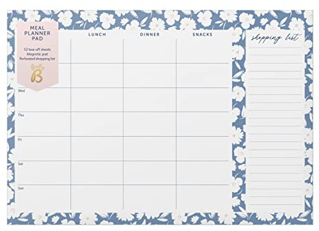 Busy B - Bloc Planificateur de repas - Planificateur de repas hebdomadaire à pages détachables et listes de courses avec deux aimants - Florale