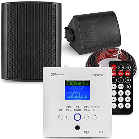 Power Dynamics BTW30 Bluetooth Garden Speaker System Kit with Weatherproof BGO40 4 Black Wall Speakers, Wireless Outdoor Stereo Audio System for Patio, Garden, BBQ, Home Use, Easy Install