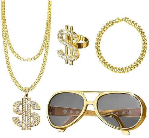 SOETDERT 4 stycken dollar kedja hiphop kostym set, 80-tals 90-tals accessoarer retro outfit, herr tilläggsklädsel, guldkedja dollar ring rapparkostym, temafester karneval tillbehör