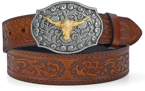 LEACOOLKEY Western-bälte för herr och dam, cowgirl och cowboy, präglat och graverat läderbälte med spänne, för jeans, byxor och rodeo
