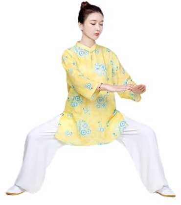 weicher Damen-Tai-Chi-Anzug aus modischem Baumwollleinen, Kung-Fu-Kampfsport-Uniform, chinesischer Stil, Jacke, Hose, Morgenübungskostüme (Gelb, M 3)