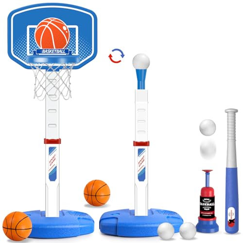 Erixazs 2 in 1 Kinder Basketballkorb und T-Ball Set - Verstellbare Höhe, Kinder Baseball Tee für Kinder 3-5, Indoor Outdoor Sport Spielzeug Geschenke für Kleinkinder Jungen Mädchen
