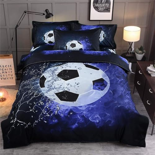 Tabeskly Kids Boys Black White Blue Football Soft Zipper Bed Bedding Duvet Cover Set Double 200×200cm