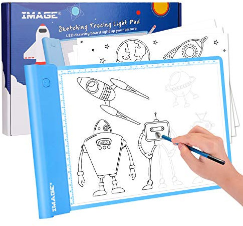 IMAGE A4 Leuchttisch, einstellbarer Helligkeit Leuchttafel Kabellos Farbtafel für Kinder, leuchtkasten mit 10 verfolgbare Bilder, Geschenk und Spielzeug zum Nachzeichnen und Schreiben lernen, Blau