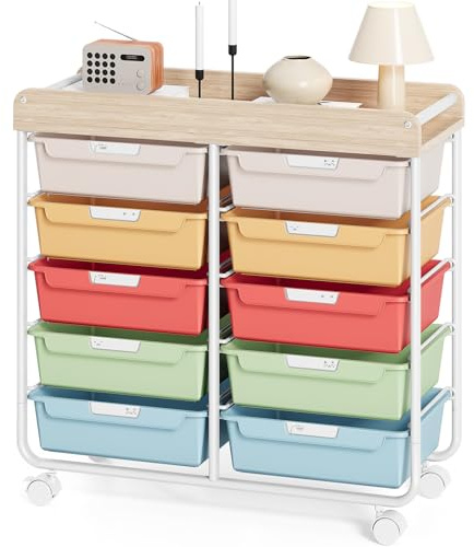 KINGRACK Chariot de Rangement à Roulettes Avec 10 Tiroirs, Chariot à Roulettes Avec Tiroirs Pour Matériel de Bricolage, Matériaux Artistiques, Bureaux à Domicile et Salles de Classe (Multicolore)