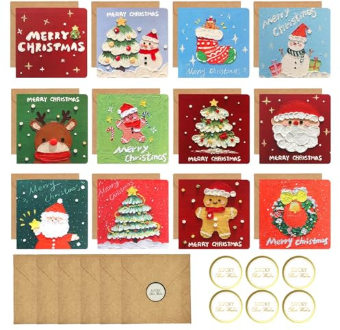 XiLayNeen Tarjetas de Navidad,24 Tarjetas Postales Navidad con Sobres y Adhesivos,Plegables Tarjeta Navideñas en Estilo Pintura al óleo,10 x 10 cm Christmas Cards,Tarjeta Regalo Navideñas