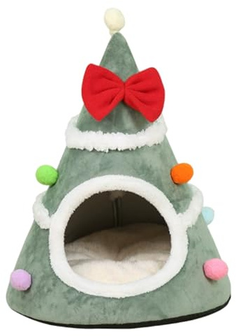 Cuccia per gatti con albero di Natale, morbida e calda, a forma di albero di Natale, con fiocco rosso, fondo antiscivolo, accogliente tenda per animali domestici, per gatti, cani di piccola tagl