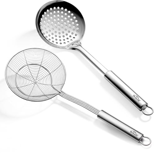 Berglander Spindelsil hålslev 2 stycken, rostfritt stål kök hålslev slitsade skedar för att sila pasta/matlagning/stekning, köksredskap trådsil pastasked