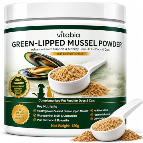 VITABIA High Strength Green Lipped Mussel Powder for Dogs & Cats 120g | 1000mg New Zealand Green Lipped Mussel with MSM, Glucosamine & Chondroitin | Joint Support & Mobility Food Topper