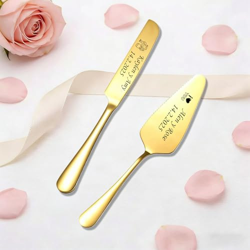 WBW Juego de Pastel de Boda Personalizado Grabado Personalizado, Cuchillo y Pala Grabados a Medida Para los Novios. El regalo Ideal Para Bodas, el Día de los Caídos o Cumpleaños (Cuchillo de oro)