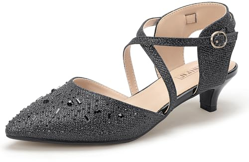 IDIFU Black Pumps Closed Toe Low Heel Dress Shoes for Women Pointed Toe Kitten Heels Comfortable Casual Formal Work Office Prom Sparkly Rhinestones Elegant Strappy Ankle Strap Heels(Black, 8.5)