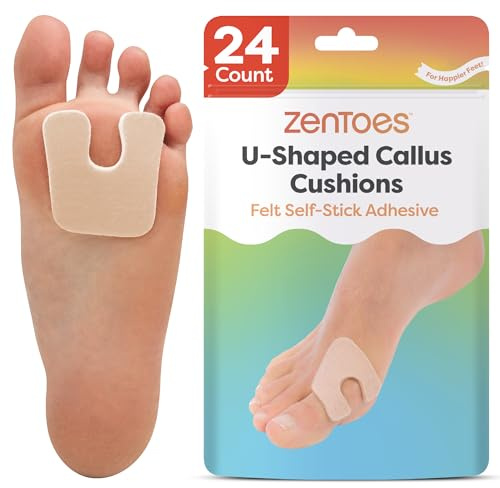 ZenToes U-Shaped Felt Callus Pads | Protect Calluses from Rubbing on Shoes | Reduce Foot and Heel Pain | Pack of 24 | 1/8” Self-Stick Pedi Cushions