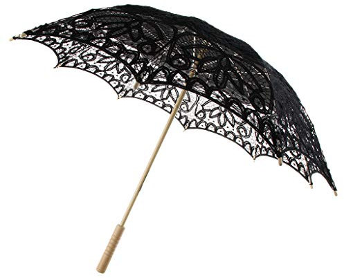 D DOLITY Ombrelle Parasol Main Faite Parapluie Floral en Dentelle Bambou Délicat Parfait pour Décor Mariage - Diamètre 82 cm - Noir -2