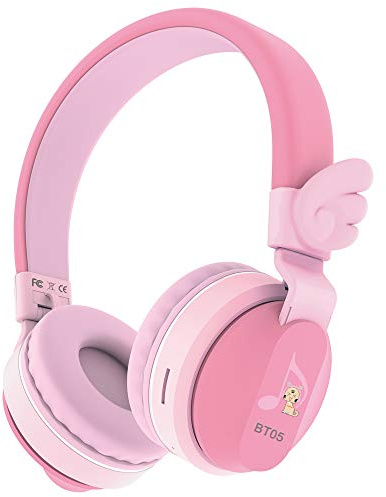 Riwbox Kids Headphones Wireless, BT05 Wings Kids Bluetooth Headphones Over Ear 85dB/103db Volume Control Children Foldable Headphones with Mic/TF Card for Tablet/PC/Smartphone/School (Pink)