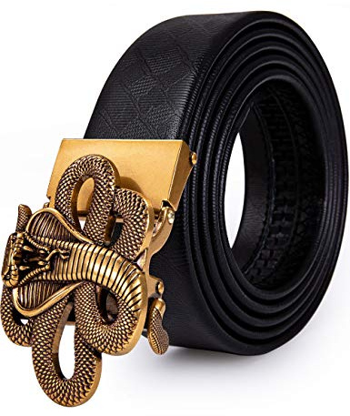 Cinturón de cuero para hombre, con hebilla de trinquete automático con impresión animal en 3D, cinturón negro de diseño sin agujeros para vaqueros, en caja de regalo Dorado Aa Gold Boa Large