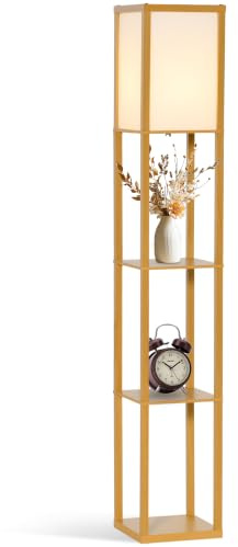 HOMCOM 3-Tier Floor Lamp with Shelves, Bulb not Included, Natural | Modern Corner Standing Lamp with Storage, Lampshade, Foot Switch for Living Room, Bedroom, Home Office