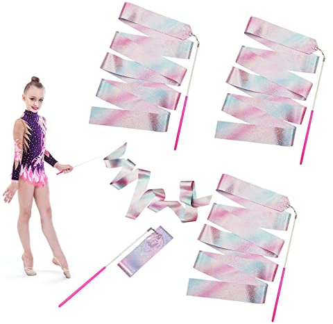 Tanzband mit Stab, 4Pcs Rhythmische Sportgymnastik Band, Gymnastikband Tanzband, Wirbelband für Bands, KüNstlerische Tanz, TanzauffüHrungen, Gymnastik, KöRperliches Training(2m)